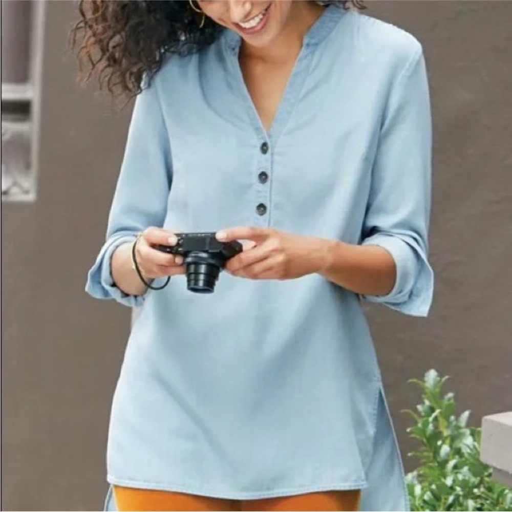 Soft Surroundings Denim Henley Tunic Artistic Button Chambray Bohemian Blouse